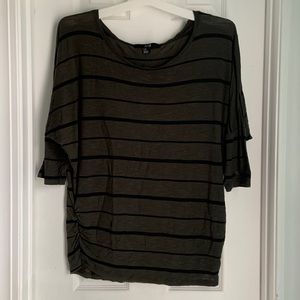 Olive Green 3/4 length sleeve women’s tee with black stripes, size L
